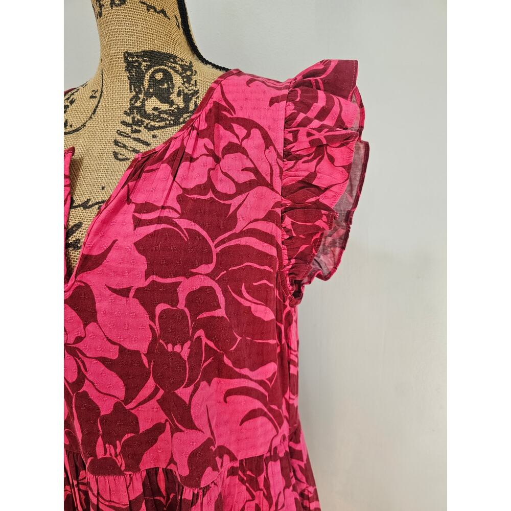 Evereve Charlotte Pink Floral Mini Dress Ruffle Flutter Sleeve, Pockets, Sz L - Picture 8 of 8